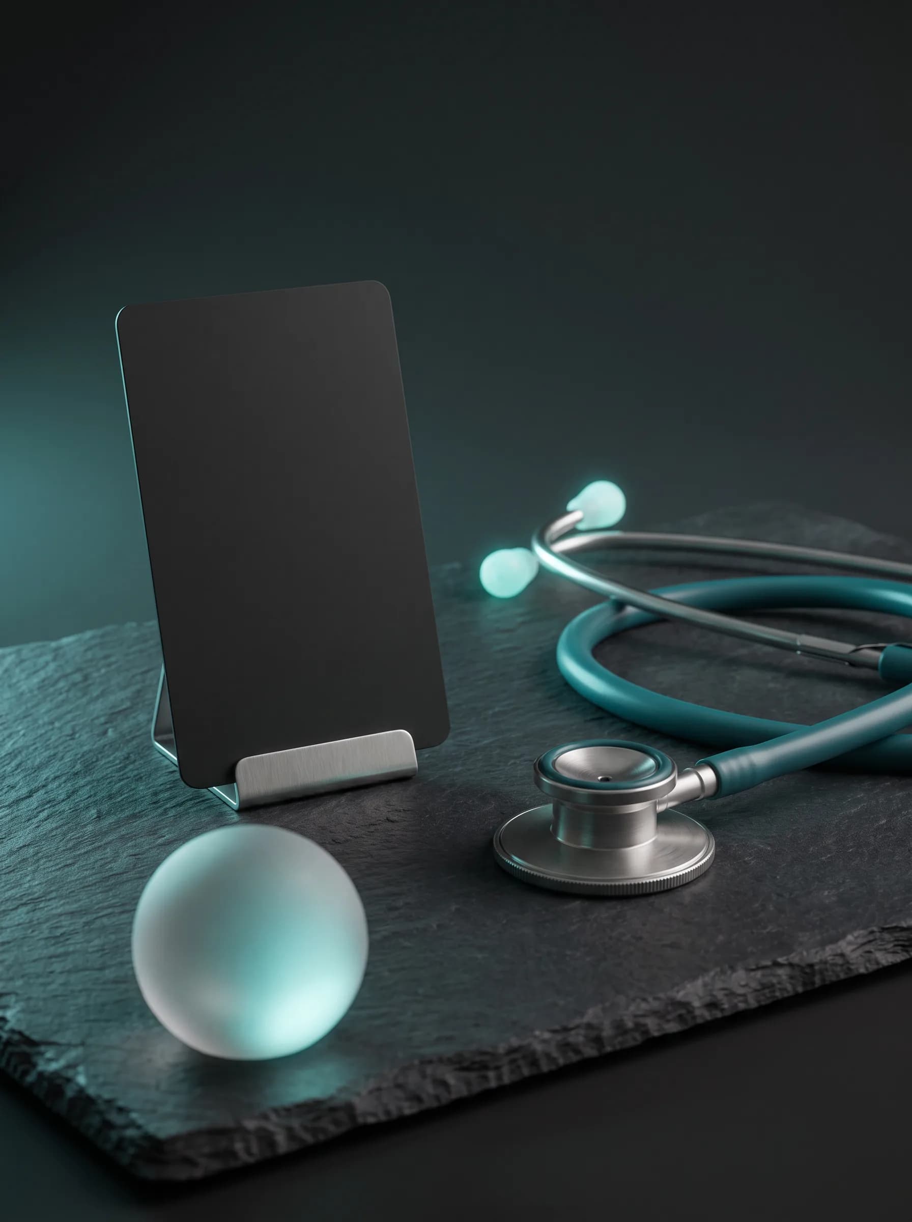 A blank access card, a coiled stethoscope, and a teal glass sphere