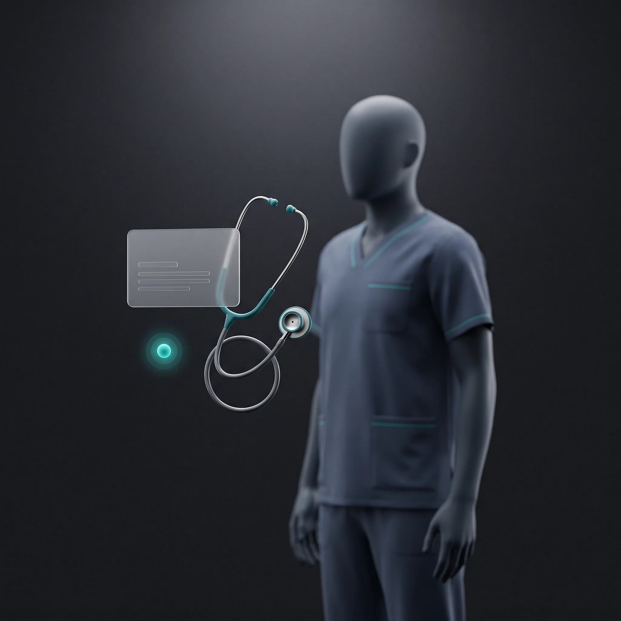 A clinician in scrubs with a stethoscope, license card, and AI assistant