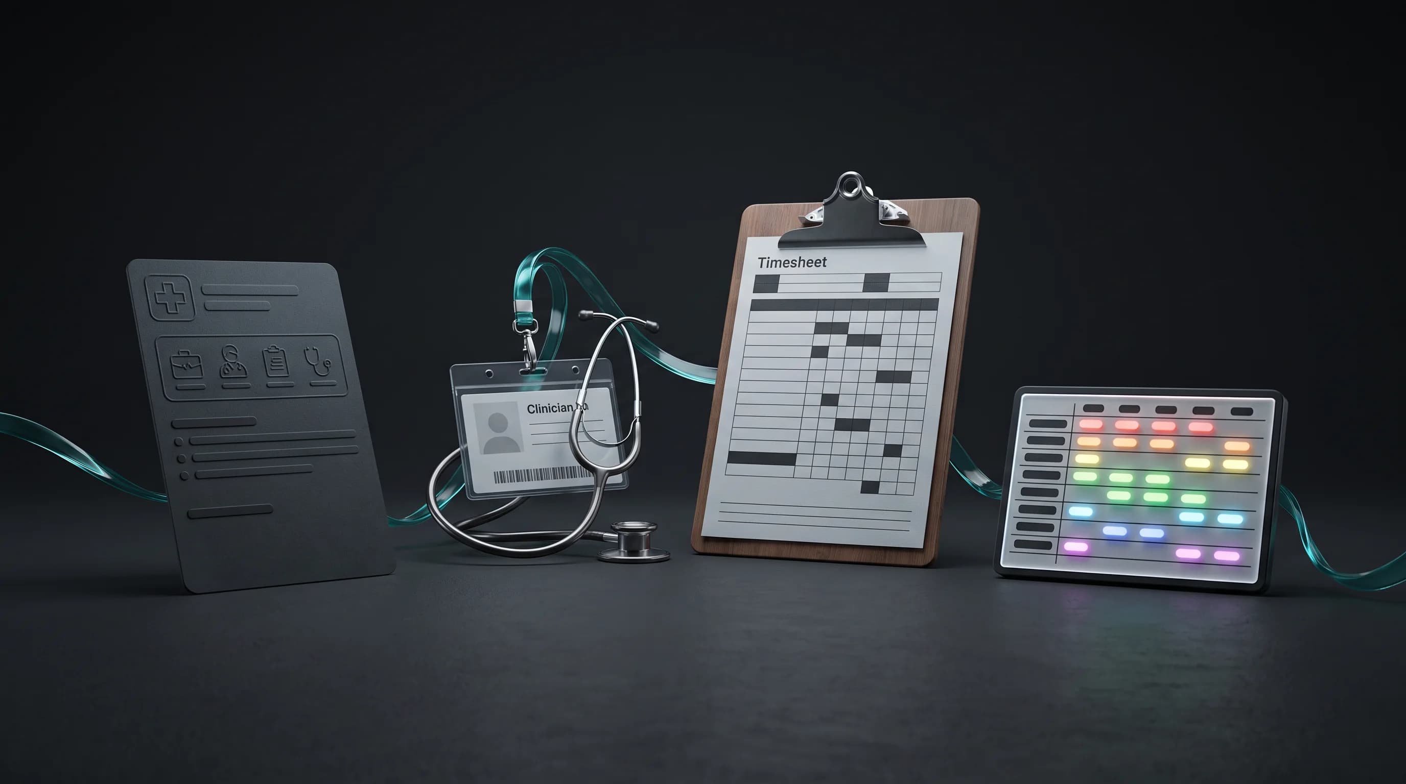 A job order, clinician badge, timesheet, and shift board linked together